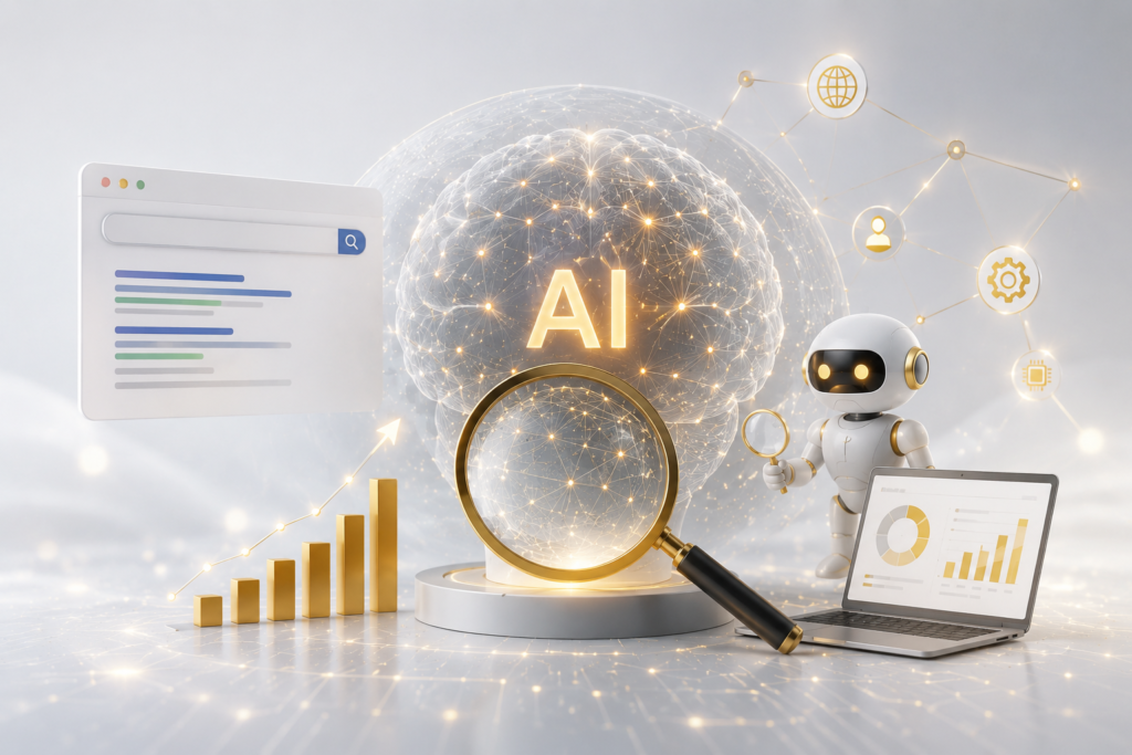 AI Search SEO concept with artificial intelligence, search engine optimization, keyword analytics, digital growth charts, and futuristic technology